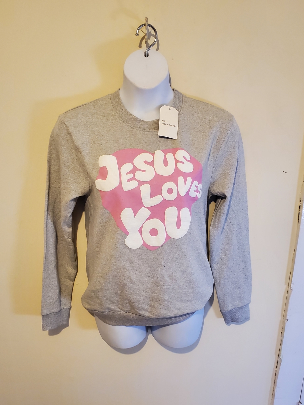 Grey Sweatshirt with Pink Heart "Jesus Loves You" L